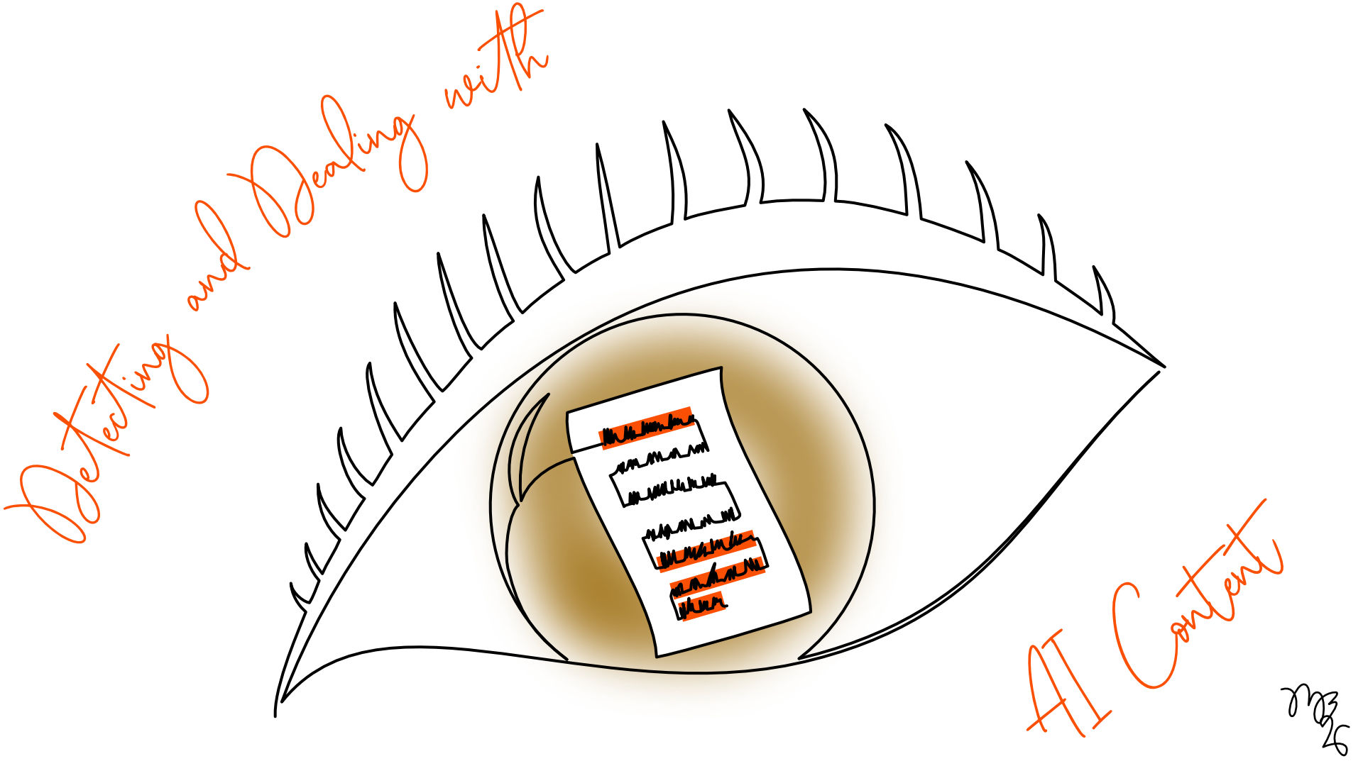 A continuous line art drawing of an eye with a document reflected in its center. A few document lines of text are highlighted in orange. Around the eye is the text 'Detecting and Dealing with AI Content' - Illustration by Michael Blank