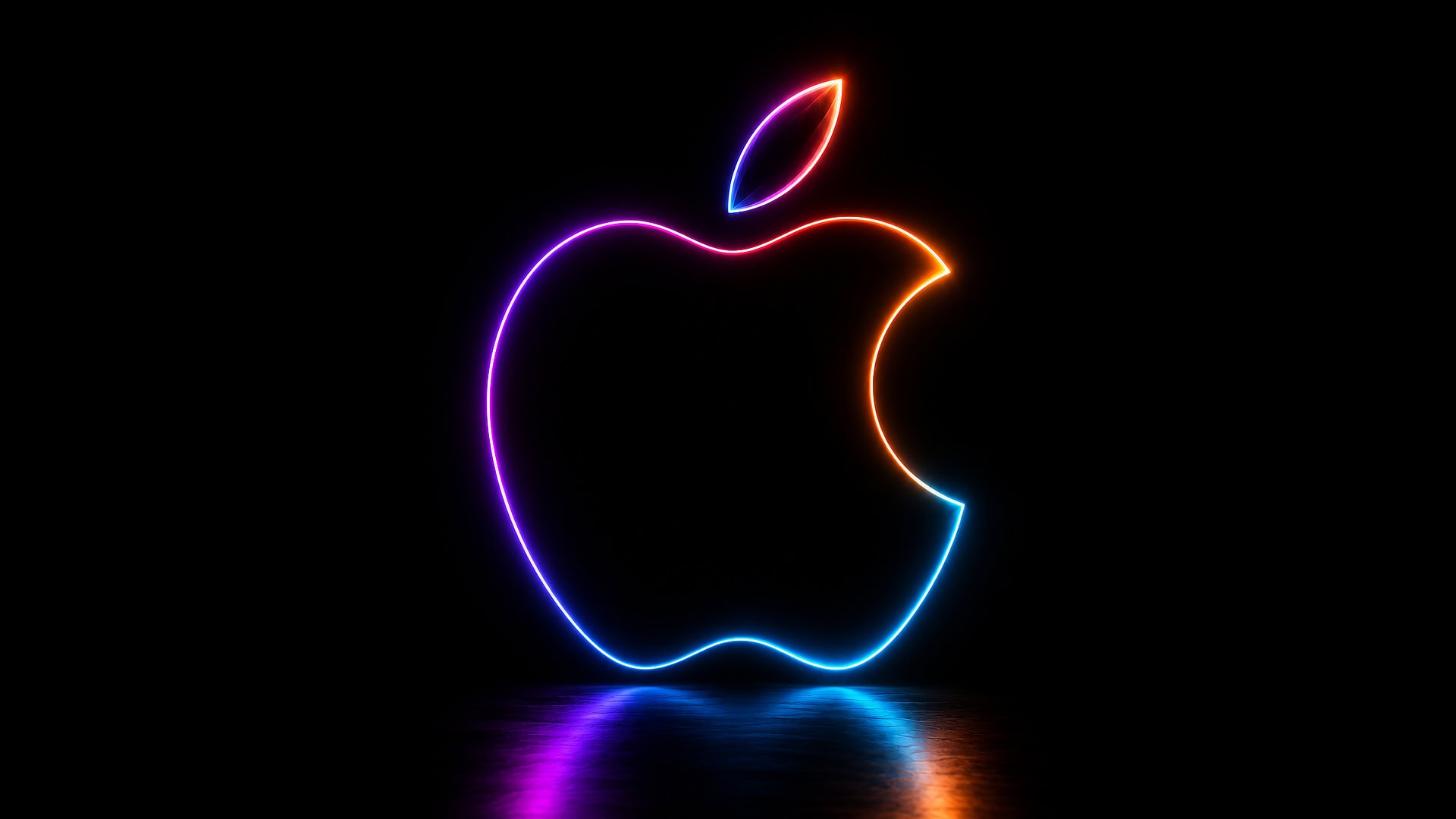 A glowing Apple logo drawn as a single, continuous neon line against a black background. The line shifts from violet and pink through orange and red to light and medium blue. A matching glowing leaf floats above, while the colored light softly reflects across a dark floor below.