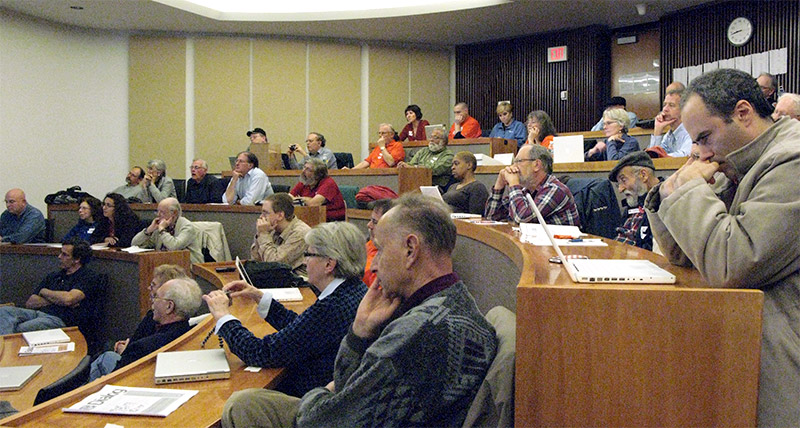 Here, the audience watches as the speaker gives a presentation in Bowl 1 of Robertson Hall.