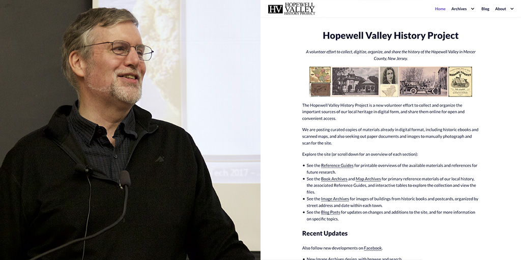 Doug Dixon at PMUG's November 2017 meeting (photo by Michael Blank) and the Hopewell Valley History Project Website's main page